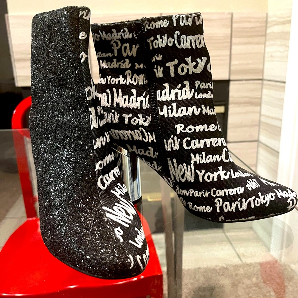 Black glitter and graphic jean booties - Ashley Stewart
